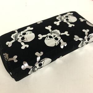 Black And White Skull Long Thick Bifold Wallet, 8x4x1.5”, 2 Compartment Dual Zip